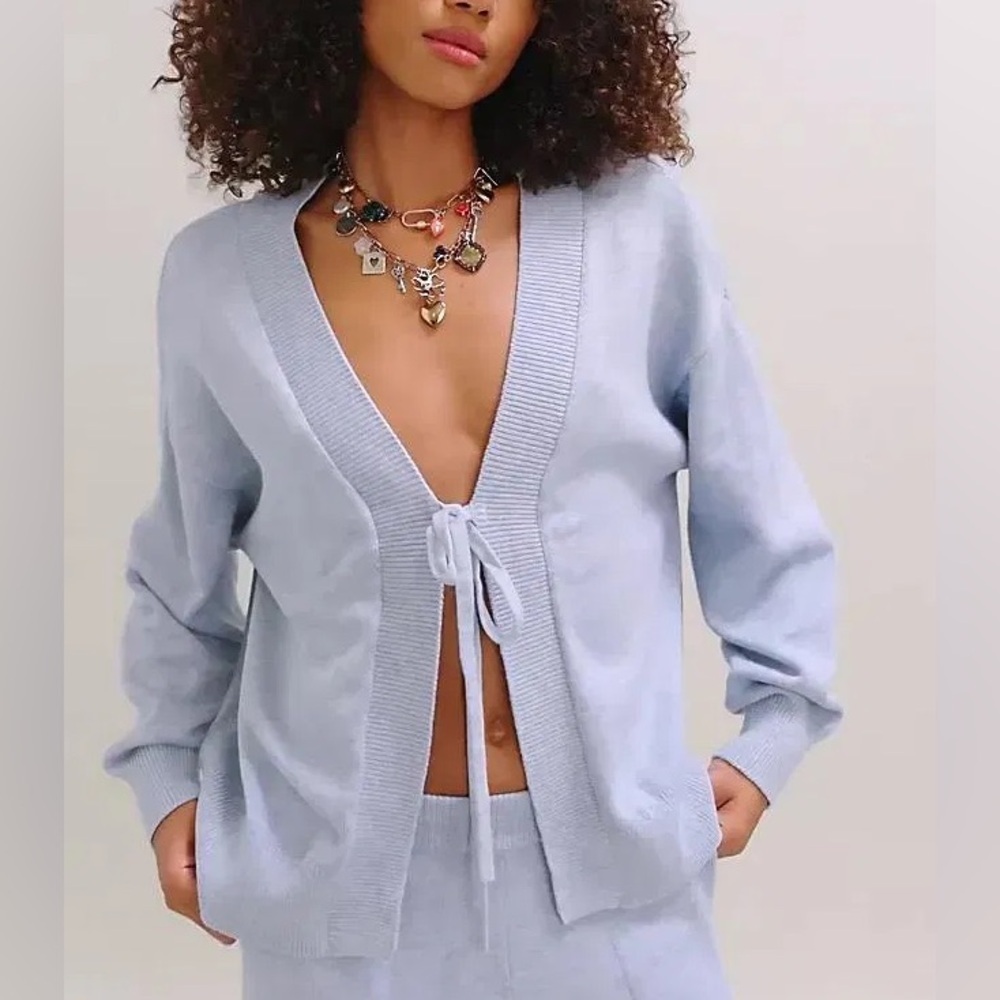NWOT Free People solar knit sweater cardigan in blue